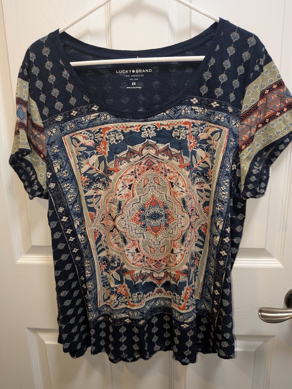 Lucky Brand Navy Blue Medallion Print Short Sleeve Tee Size 2x
